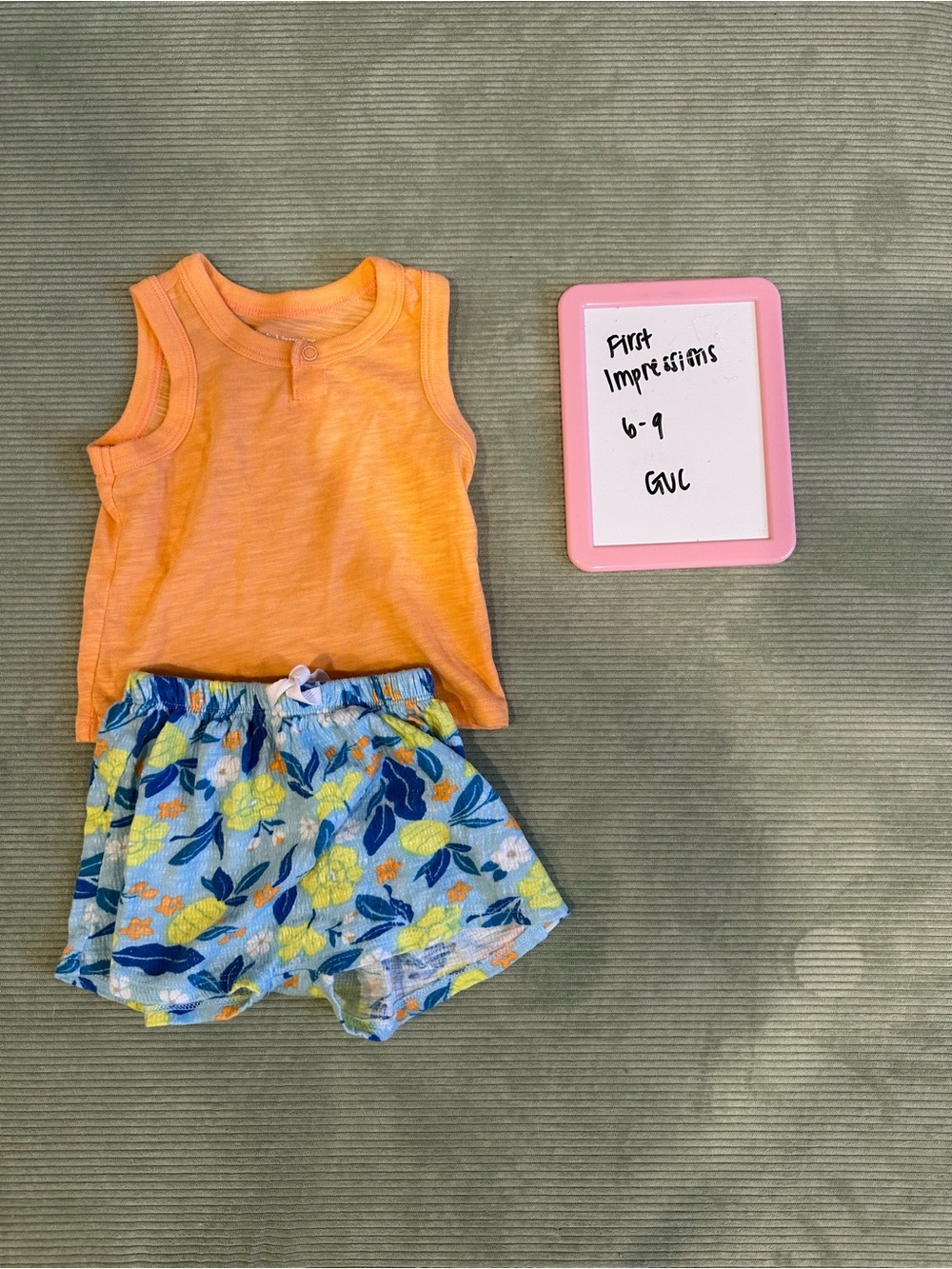 First Impressions Orange Tank with Blue Floral Shorts